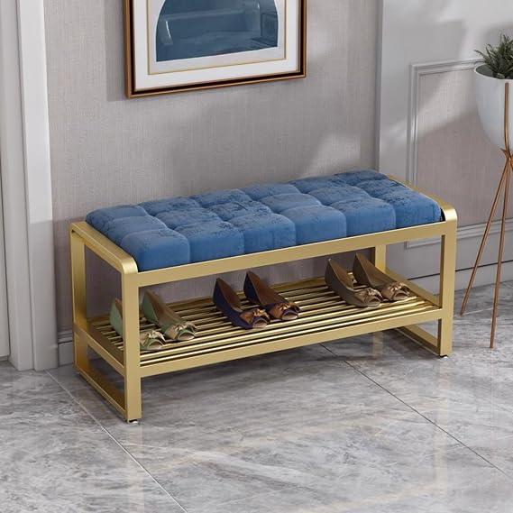 Entryway Bench,Ottoman for Bedroom End of Bed,Storage Benches Modern Velvet Benche Bedroom Benches for Foot of Bed,Upholstered Bench with Golden Legs(Blue,60 * 35 * 40cm)
