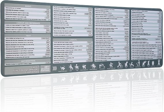 Excel Formulas Mouse Pad Excel Functions Formulas Cheat Sheet Mouse Pad Extended Large Cheat Sheet Gaming Desk Pad, PC Office Spreadsheet Keyboard Mat, Excel Functions & Formulas 80X30cm