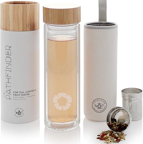 Teabloom All-Beverage Tumbler 15 oz / 450 ml Tempered Glass Travel Bottle Hot and Cold Tea Infuser Cold-Brew Coffee Fruit-Infused Water Tea Tumbler The Pathfinder