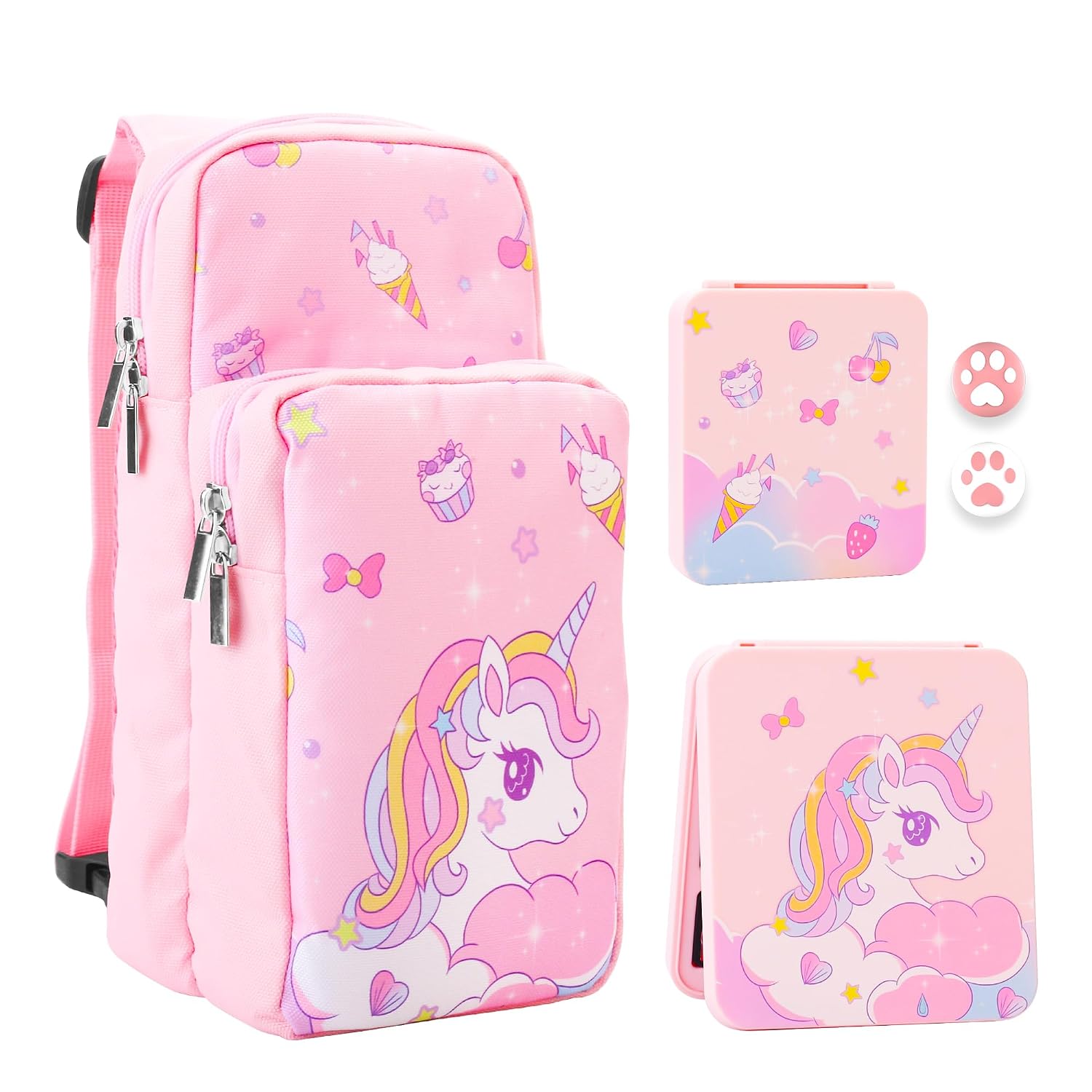 RHOTALL Pink Unicorn Travel Bag for Nintendo SwitchLiteOLED2 ,Cute Large Capacity Portable Carrying Case Compatible for Chest Shoulder Accessories Storage Backpack with 12 Slots Game Case,Thumb Cap