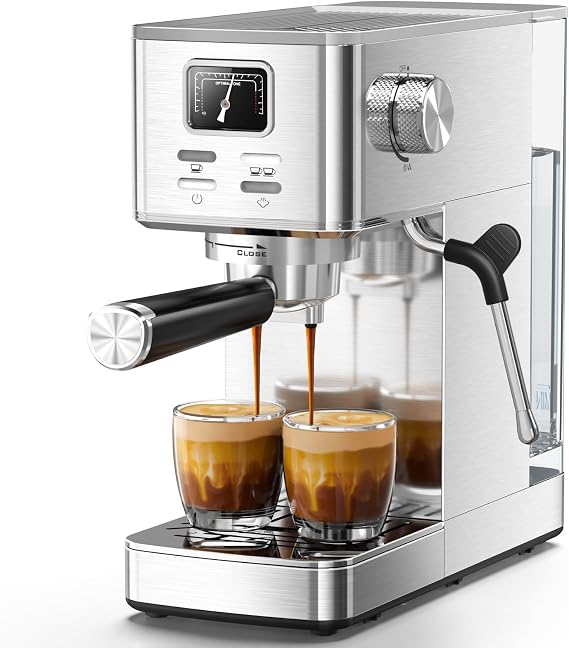 Compact Espresso Machine with Milk Frothing Steam Wand, 20-Bar Pump