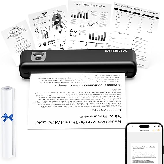 Rongta Portable Printers Wireless for Travel,Thermal Inkless Printer for School/Office/Home Use, Support 8.5x11 US Letter&A4 Thermal Paper, Compatible with Android,iOS & Laptop (Black)