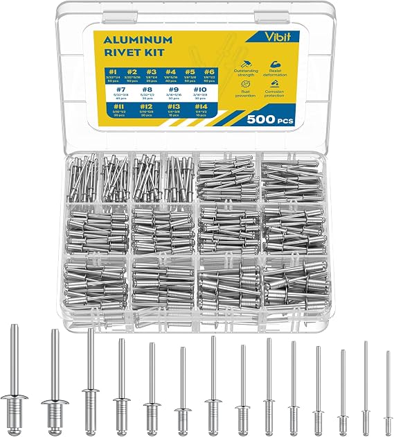 Vibit 500 Pcs Pop Rivets Assortment Kit, 14 SAE Sizes Aluminum Rivets, 3/32", 1/8", 5/32", 3/16", 1/4" Rivet Kit, Assorted Blind Rivets for Metal, DIY, Automotive & Home Repair