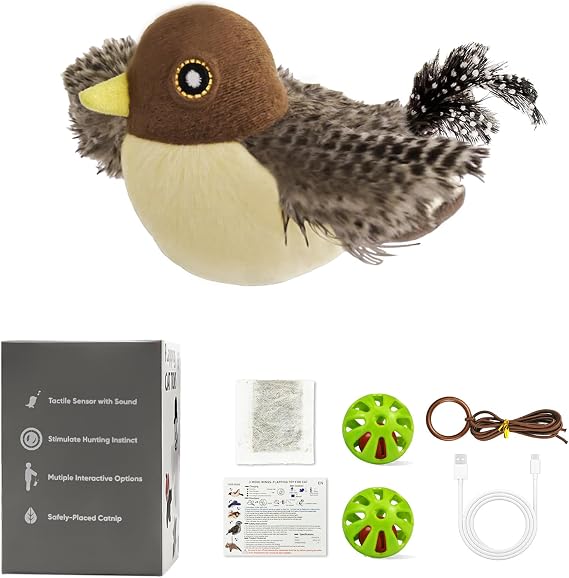 Flapping Brown Sparrow Cat Toy, Rechargeable with Chirping Sound