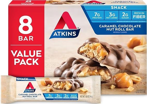 Atkins Caramel Chocolate Nut Roll Snack Bar, Protein Snack, High in Fiber, 2g Sugar, 8 Count