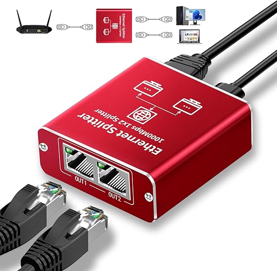 Goalake Ethernet Splitter 1 to 2 High Speed 1000Mbps, Gigabit Ethernet Splitter, LAN Splitter Dual LAN RJ45 Port Router Switch for Cat5/5e/6/7/8 Cable, IEEE 802.3 Compliant Plug and Play