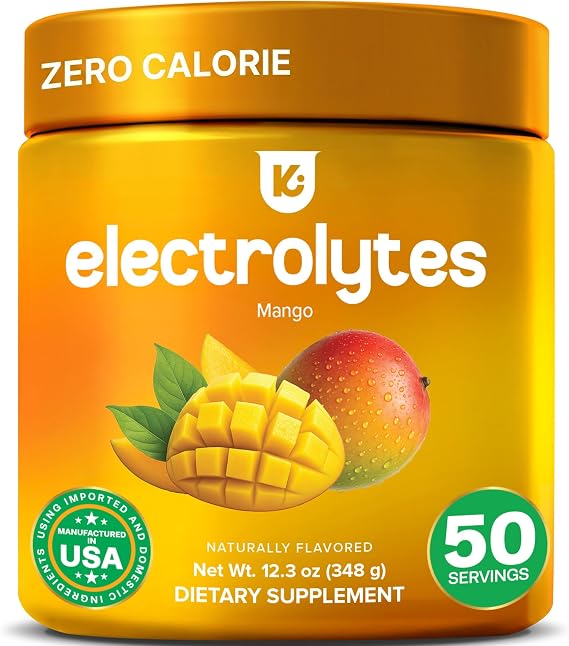Zero Calorie Electrolytes Powder 0 Calorie Electrolytes for Fasting Mango 12.3oz Tub Electrolytes Zero Sugar & Calorie Free with Magnesium & Trace Minerals Daily Hydration Drink