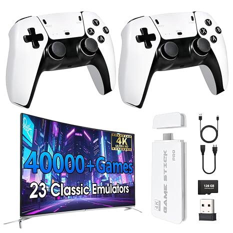 2026 NEW Retro Gaming Console with 40,000+ Video Games, 23 Emulators, 128GB Game Stick 4K, Dual 2.4G Wireless Controllers, Plug & Play Video Games for TV, Retro TV Pixel Console, Gamestick
