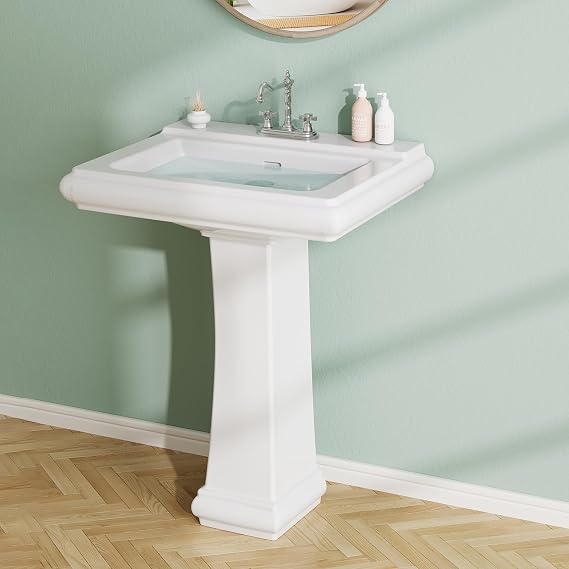 Bathroom Pedestal Sink, 26" Pedestal Sinks for Bathroom, White Ceramic Pedestals Sink With Overflow & 3 Pre-Drilled Holes for 4-Inch Faucets