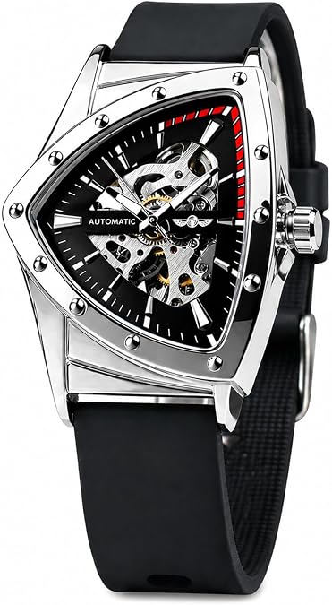 Skeleton Watches for Men, Automatic Mechanical Watch with Triangle Dial, Luminous Self Winding Watches Soft Silicone Strap
