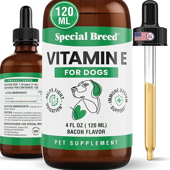 Vitamin E for Dogs Liquid 250 IU - Vitamin E Oil for Dogs Skin and Coat Support - Dog Immune Support Antioxidant Supplement - Bacon Flavor - 120 Servings - 4 oz
