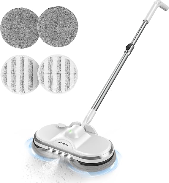 Cordless Electric Mop for Floor Cleaning, AlfaBot WS-24 Electric Spin Mop, Electric Mop with Water Sprayer and LED Headlight, Lightweight & Rechargeable Floor Scrubber for Hardwood Tile Floors