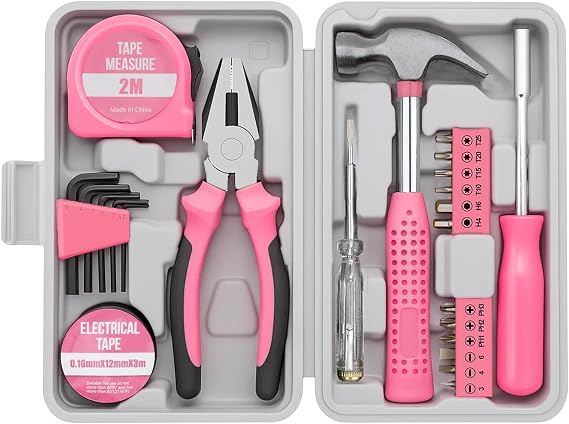 24PCS Household Hand Tool Set with Storage Case DIY Home Repair (Pink)