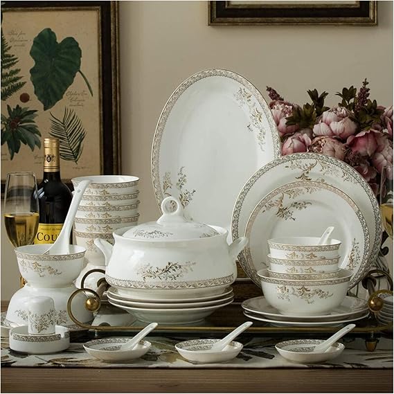 Ceramics Dinnerware Set With 48-Piece, Bowl/Stockpot/Dish/Spoon|Bone China Dinner Sets, Porcelain Combination Set