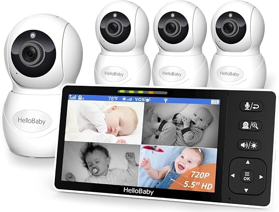 HelloBaby 5.5" 720P HD Baby Monitor with 4 Cameras,Split Screen Display,Video Baby Monitors,No WiFi,Remote Pan/Tilt/Zoom,Night Light,4000mAh Battery,Wide View,Ideal for Twins/Multiple Children