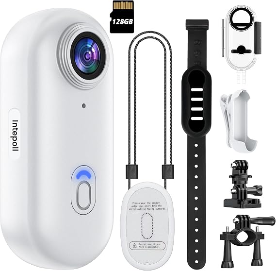 4K Mini WiFi Action POV Camera 128GB Thumb Portable Body Cam Wearable Video Recorder with IPX7 Waterproof Camcorder, Helmet Mount, Magnetic,Pocket Sport DV for Bike Cycling, Pet, Vlogging(White)