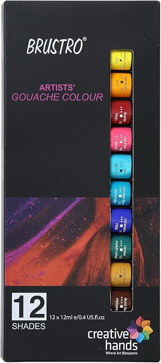 BRUSTRO Artists Gouache Colour | Set of 12 Colours X 12ml Tubes | Highly pigmented, Opaque Colors, Intermixable, Canvas Paint, Perfect For Students, Adults, Beginners, Professionals and Artists