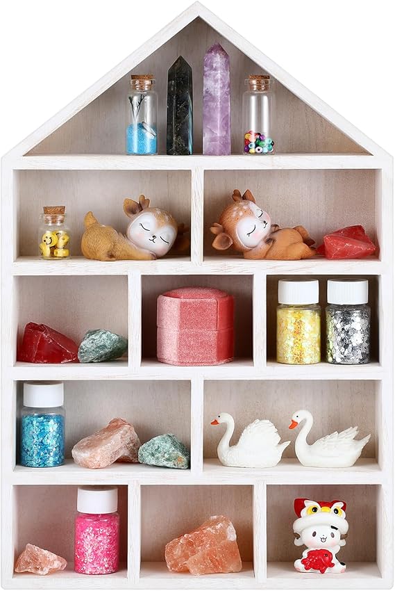 Threehoney House Shaped Wooden Shadow Cubby Box 10 W x 2 1/4 D x 15 H Hanging Display Shelf Organizer Wall Mounted Curio Cabinet Wooden Display Case Miniature Shelf for Figures(Wood Color)