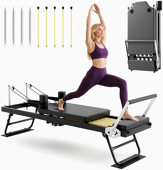 Pilates Reformer, Foldable Reformer Pilates Machine with Dual Resistance - Springs and Cord, Pilates Machine for Advanced and Beginners Users, Up to 300 lbs Weight Capacity, Black