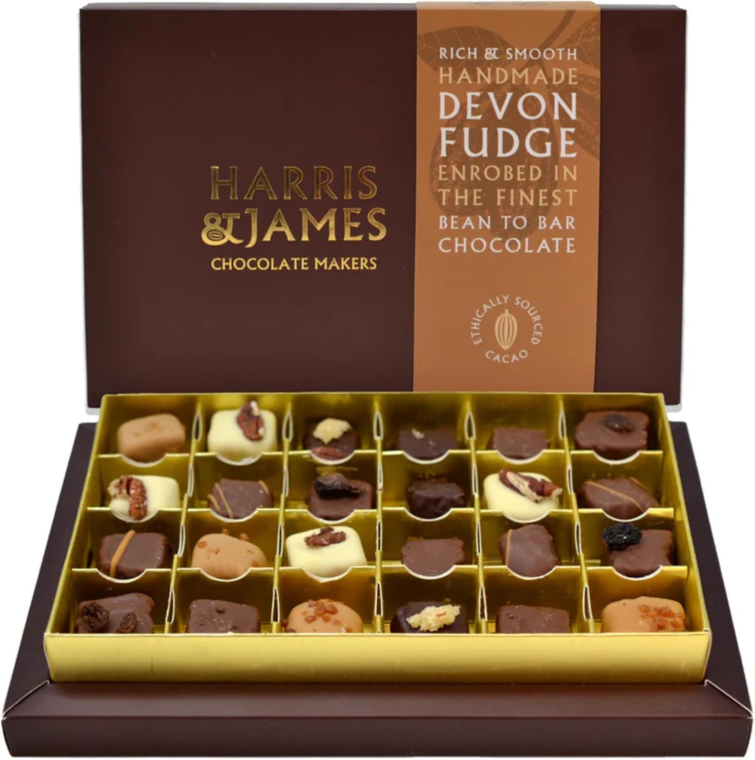 Harris & James Devon Fudge 24 Piece Gift Box. Handmade Luxury Fudge - Barista, Madagascan Vanilla, Pecan, Rum & Raisin, Salted Caramel & Zesty Stem Ginger. Enrobed In Our Bean To Bar Chocolate