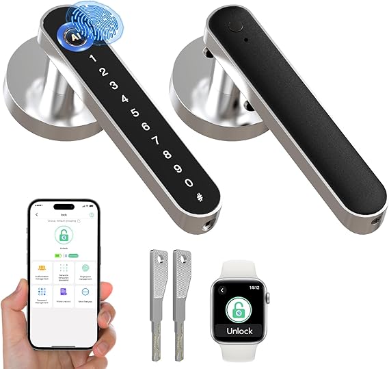 Anweller 5-in-1 Smart Door Lock,Fingerprint Door Lock with Code APP Keyless Entry Smart Lock with Door Handle for Bedroom Home Hotel Office Silver