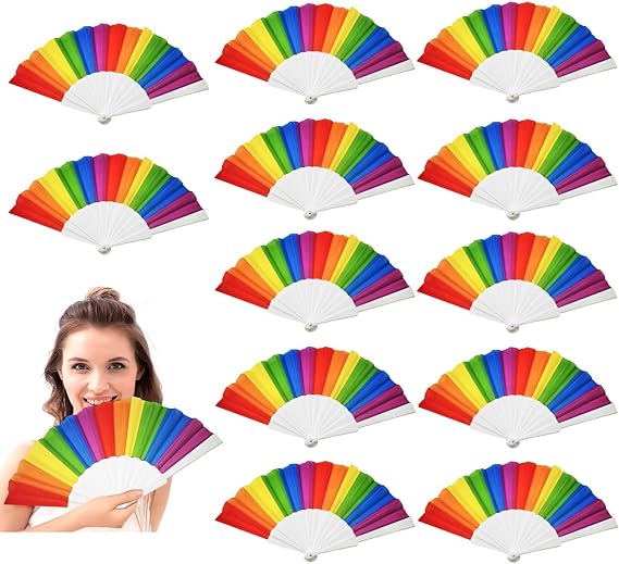 AMS 12pcs 9'' Rainbow Hand Fans, Pride Folding Hand Fan, Colorful Hand Held Fan, Plastic Folding Fan for Music Festival Events and Dance Supplies (White)
