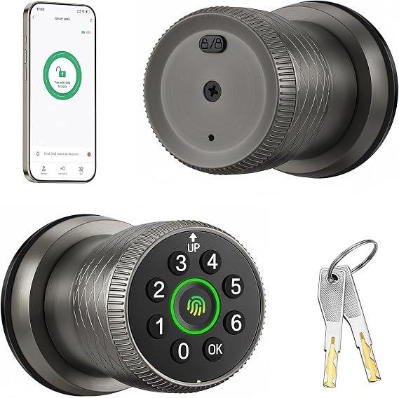 Leydebong Keyless Entry Fingerprint Door Knob, Smart Biometric Door Lock with Keypad Passcode Door Knob with Auto-Lock for Front Door, Bedroom, Gate & Office