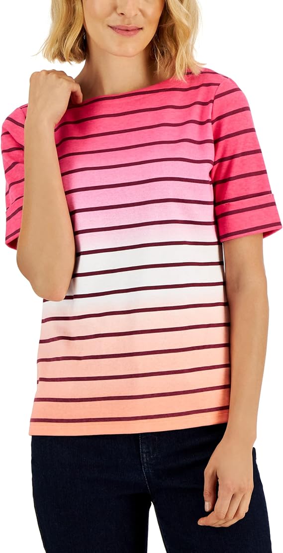 Karen S Petite Ombre Striped Elbow Sleeve Boat Neck Top
