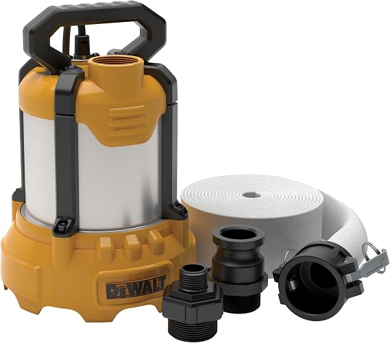 DEWALT 3/4 HP Rugged Cast Aluminum, Fully Submersible, Multi-Use Dewatering, Utility Pump with Industrial Strength Discharge Hose and Cam-Lock Fittings