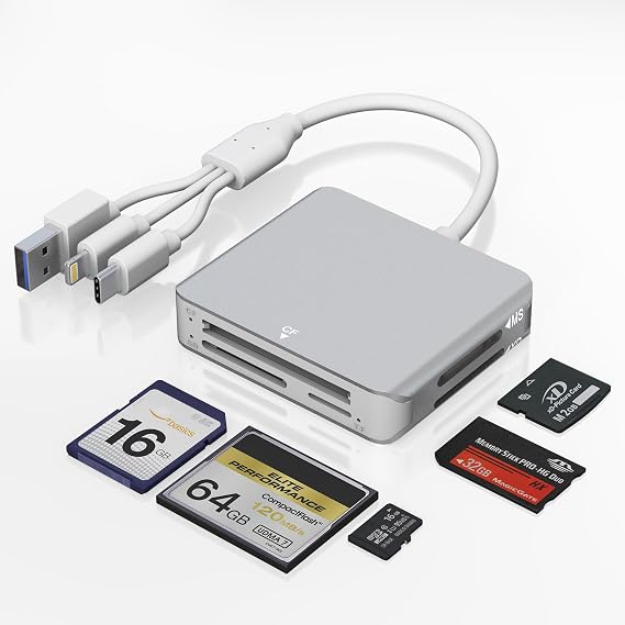 Memory Stick Pro Duo Adapter Reader- 5 in 1 SD/TF/MS/CF/XD Card Reader for iPhone/Computer/USB-C Device, Aluminum Lightning+USB A+USB C XD Picture Card Reader Support OTG, Fast Data Transfer