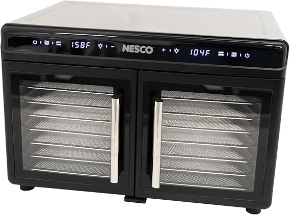 NESCO FD-16DZD Dual-Zone Food Dehydrator 16 Stainless Steel Trays, Independent Temp & Timer, Keep Warm, Inner Light, Jerky, Fruit, Herbs, 1200W
