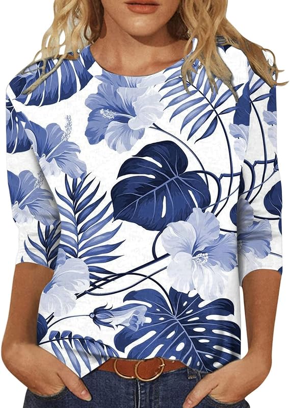 Womens Tops 3/4 Length Sleeve Summer Tunic T Shirts Cute Floral Print T-Shirts Ladies Crewneck Dressy Casual Blouses Lightweight Round Neck Spring Basic Tee Loose Fit Jumper Pullover