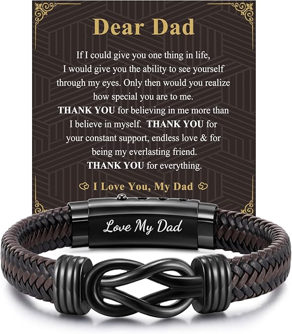 MEALGUET Mens Leather Bracelet Dad Gifts - Brown Braided Leather Infinity Knot Bracelets Engraved Love My Dad for Men, Daddy Jewelry Gift from Daughter Son for Father's Day Birthday
