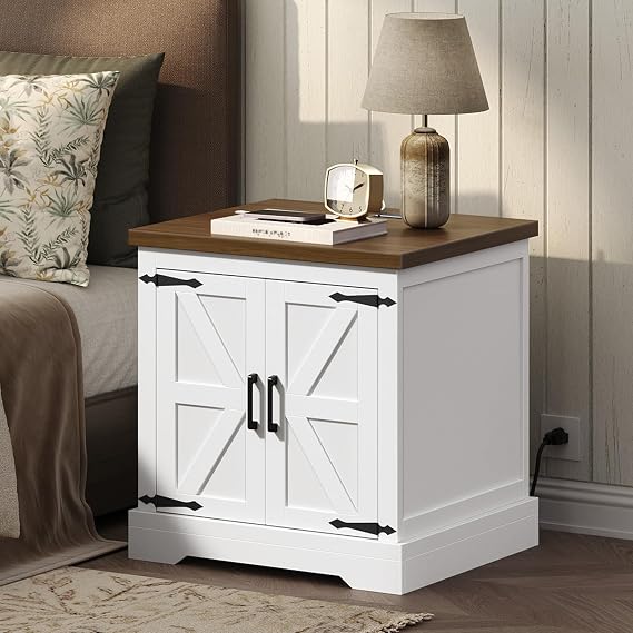 MAHANCRIS Farmhouse End Table with Charging Station, 24" Large Sofa Table with Barn Door, Rustic Square White Nightstand with Adjustable Storage Shelf, Bedside Table for Bedroom, Living Room,Walnut