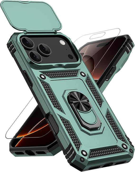 for iPhone 17 Pro Max Case, with Slide Camera Cover HD Screen Protector [Military Grade 16ft. Drop Tested] Ring Holder Kickstand Protective Phone Case for Apple iPhone 17 Pro Max, Dark Green
