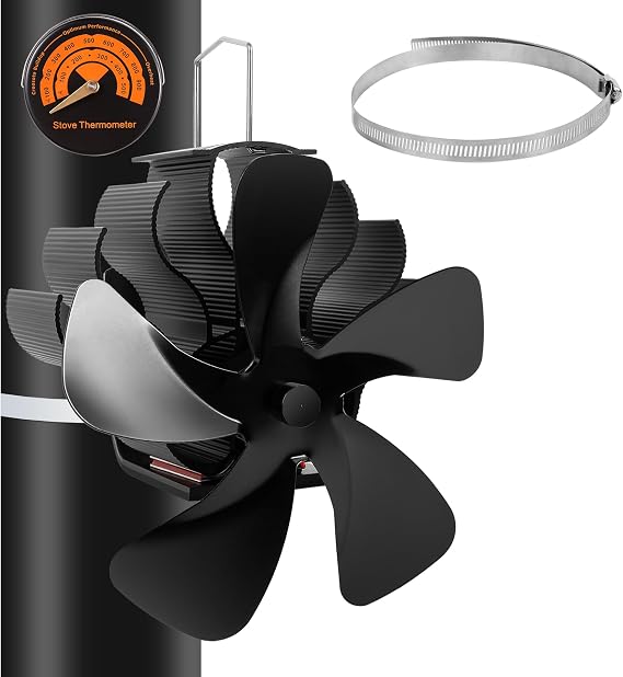 Heat Powered Wood Chimneys Stove Fan, Pipe Fireplace Fan, 5 Blades Silent Operation Motors Fan, Winter Cocoon Stove Fan for Wood Burning Stove/Pellet/Log with Magnetic Thermometer