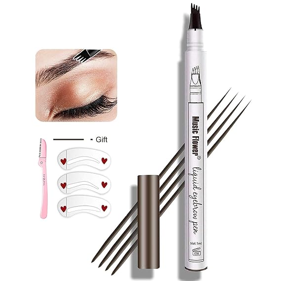 Microblading Eyebrow pen, 4-Fork-Tip Eyebrow Pencil for women Waterproof Eye Brown Makeup, with 3 Eyebrow Stencil,1 Brow Razor(2# Brown)