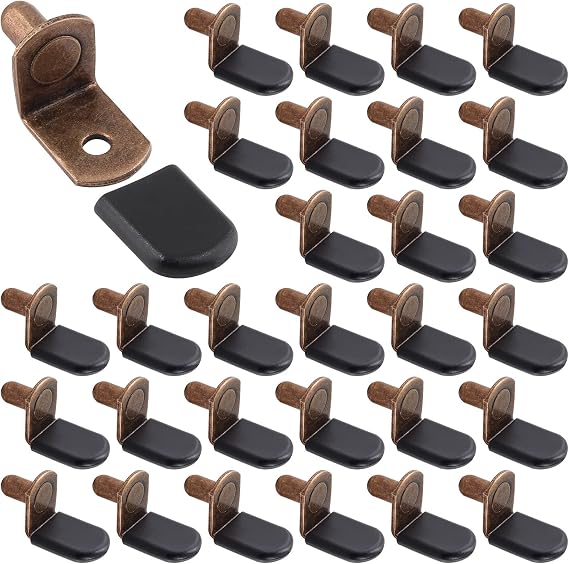 Biaungdo Shelf Support Pegs, Antique Bronze, 30 Pcs, 1/4 Inch | L-Shaped Clips, Rubber Sleeve, For Bookshelves Glass Corner Shelf Cabinet Furniture