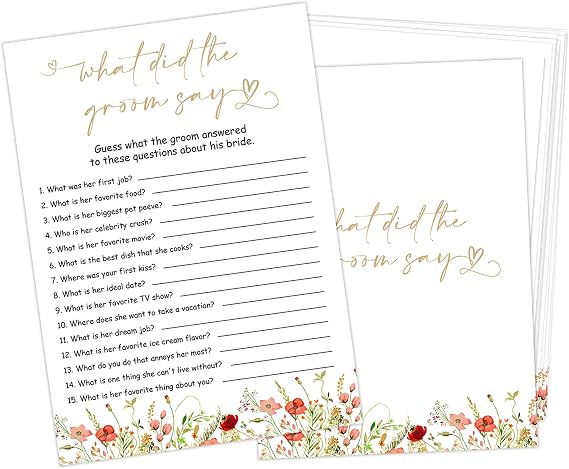 What Did the Groom Say - Bridal Shower Game, Wedding Shower and Bachelorette Party - Set of 30 Cards, Boho Floral Bridal Wedding Activities Game Cards for Guests, Bridal Shower Party Decorations-LK2