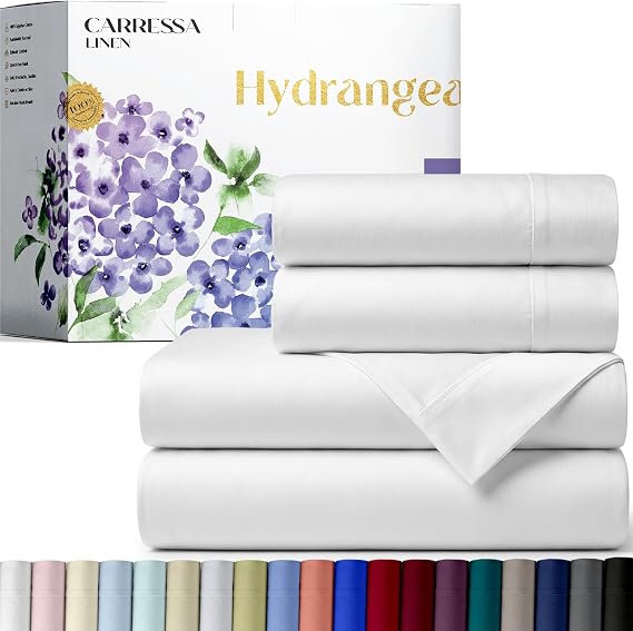 Carressa Linen 100% Egyptian Cotton King Size Sheets Set - 600 Series Hydrangeas Collection Egyptian Cotton Sheets King Size (4 PC, Crisp White), 16" Deep Pocket Sateen Weave Luxury Bed Sheet