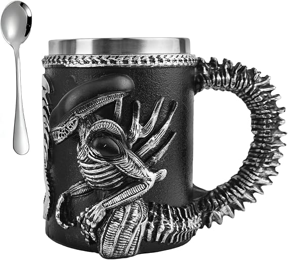 3D Alien Coffee Mug with Spoon, 18OZ Stainless Steel Sci-Fi Cup, Unique Gift for Men for Birthdays, Christmas (Black)