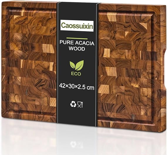 Large Thick End Grain Acacia Wooden Chopping Board with Juice Groove(16" L x 12" W x 1" T), Chopping Boards for Kitchens with Non-Slip Feet, Wood Cutting Board(42 * 30 * 2.5cm)