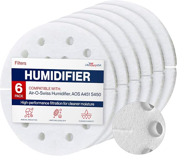 LifeSupplyUSA Humidifier Filter Replacement Anti-Mineral Pad Compatible with Air-O-Swiss Humidifier, AOS A451 S450 (6-Pack)