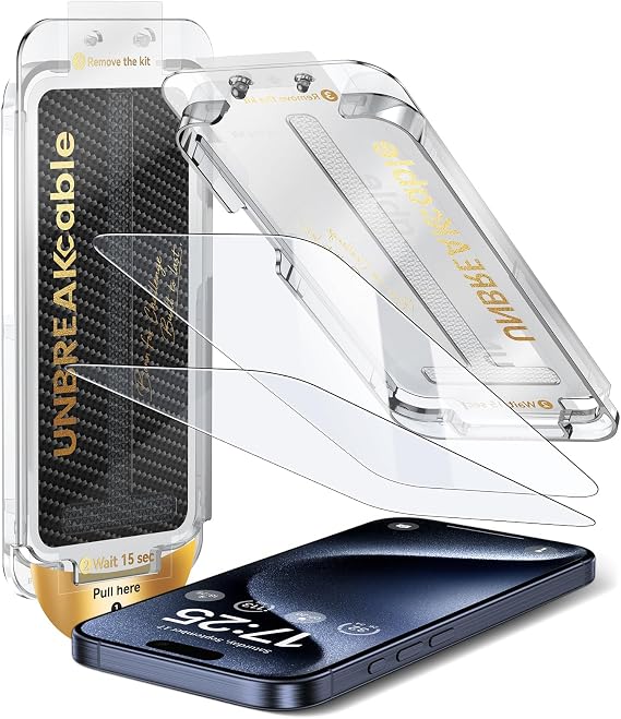 UNBREAKcable Screen Protector for iPhone 15 Pro Max, Pull-To-Protect Easy Installation, Auto Dust-Elimination, 9H+ Military-Grade Tempered Glass, Bubble-Free, Case Friendly, HD Clear, 6.7 Inch, 2 Pack