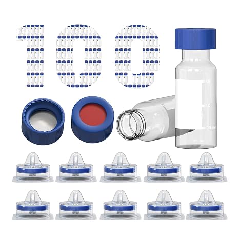 10 Pack Syringe Filters PES Membrane, Sterile, 33mm Diameter, 0.22um Pore Size and 100 Pack 2mL Clear Autosampler Vials with Caps, White PTFE & Red Silicone Septa