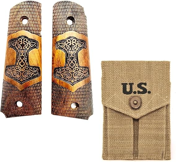 Warreplica US M1911/1911 .45 Cal Wooden Grips (Thor's Hammer) w/ .45 Cal Double Magazine Pouch- Reproduction