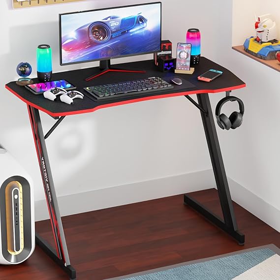 47 Inch Gaming Desk Z Shaped Computer Corner Desk PC Gaming Desk Ergonomic Carbon Fibre Surface Gaming Table with Cup Holder and Headphone Hook for Home Office Sturdy Writing Workstation, Red