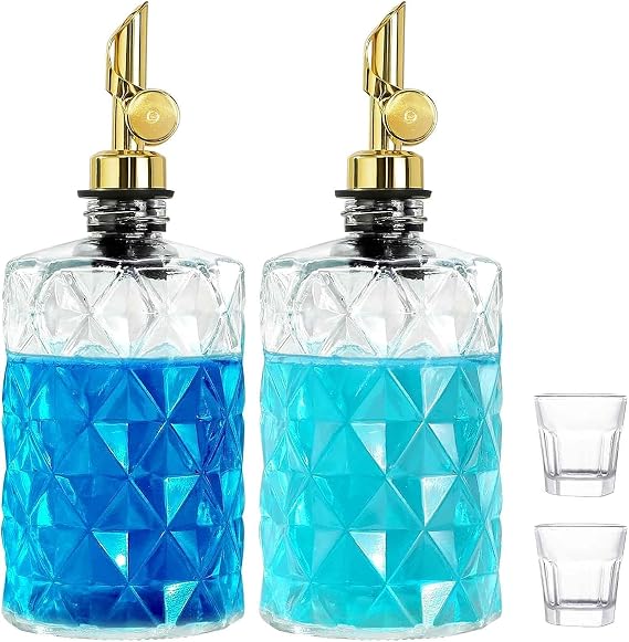 Mouthwash Dispenser for Bathroom, Luxury Diamond Glass Mouth Wash Container, 2 Pack Glass Mouthwash Dispenser Bottles with Cups, Auto-Flip Mouthwash Decanter, 12 Fl Oz