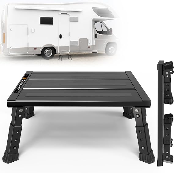 Adjustable RV Step Stool, Wide Platform, Foldable Legs, Black | 3 Height Settings, 1,000-lb Capacity, Aluminum Frame, Anti-Slip Surface, Portable Step for Camper Stairs and Travel Trailers