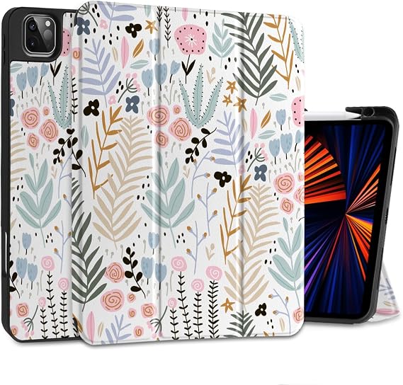 DONGKE Case for 2022/2021/2020/2018 iPad Pro 11 inch Gen 4/3/2/1 - Slim Protective Case - Built in Pencil Holder Support Charging - Trifold Stand & Sleep/Wake Cover - Tiny Flowers